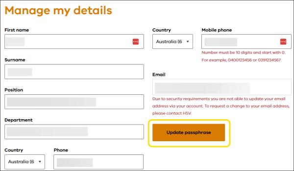 screenshot update password via my dashboard